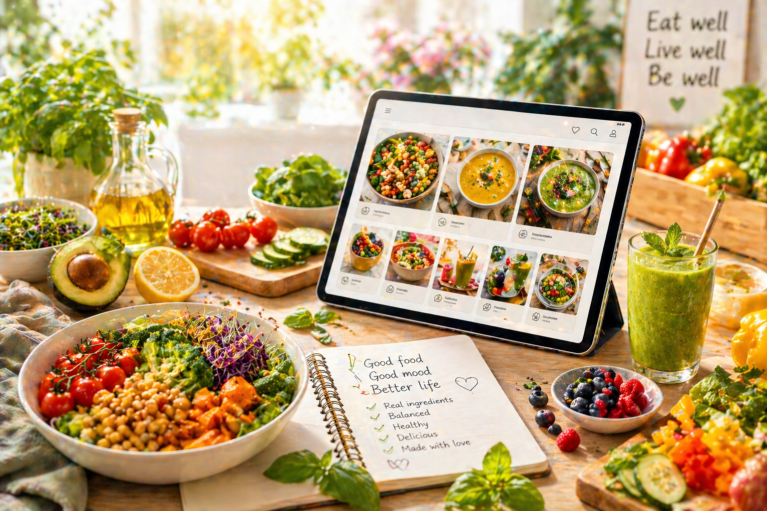 Bright healthy recipe scene with colorful fresh food, ingredients and digital recipe inspiration