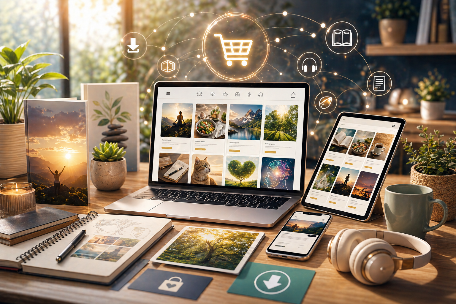 Modern digital shop scene with online products, guides and lifestyle resources